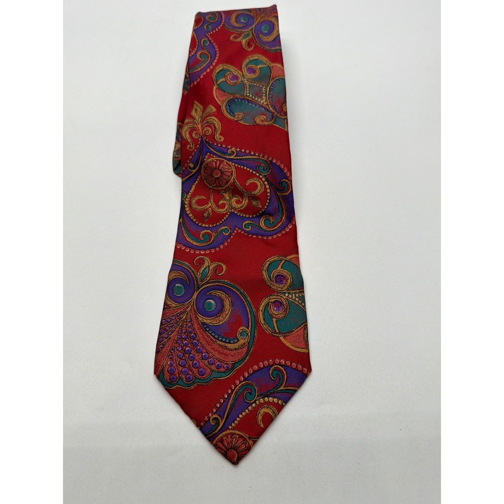 Lands End Mens Silk Tie Red Paisley Purple Teal Hand Sewn USA Made Wide Classic